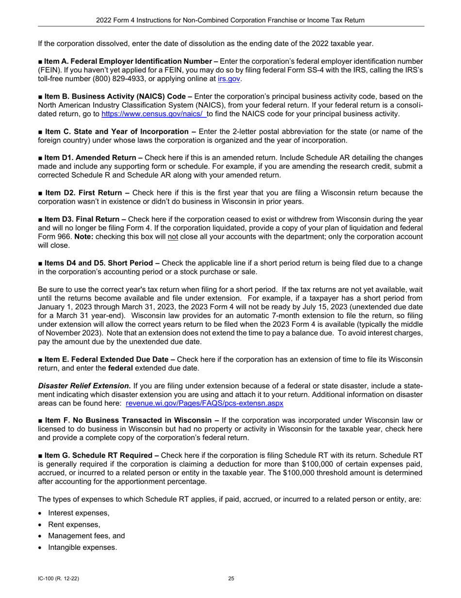 Instructions for Form 4, IC-040 Wisconsin Non-combined Corporation Franchise or Income Tax Return - Wisconsin, Page 25