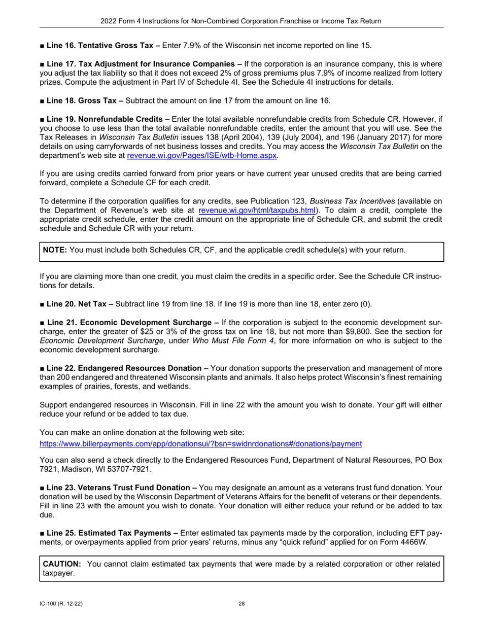 Instructions for Form 4, IC-040 Wisconsin Non-combined Corporation Franchise or Income Tax Return - Wisconsin, Page 28