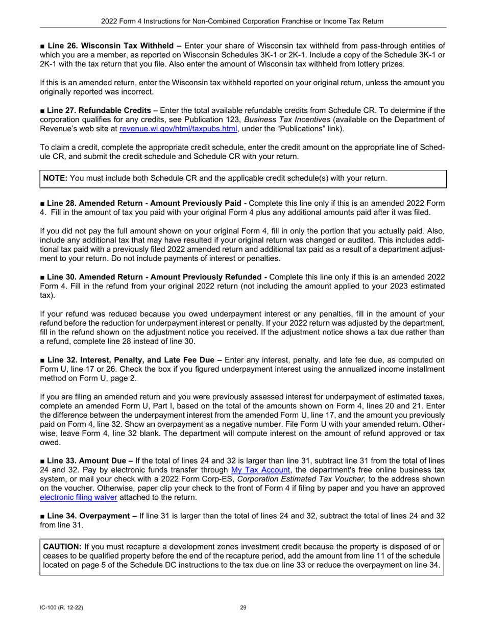 Instructions for Form 4, IC-040 Wisconsin Non-combined Corporation Franchise or Income Tax Return - Wisconsin, Page 29