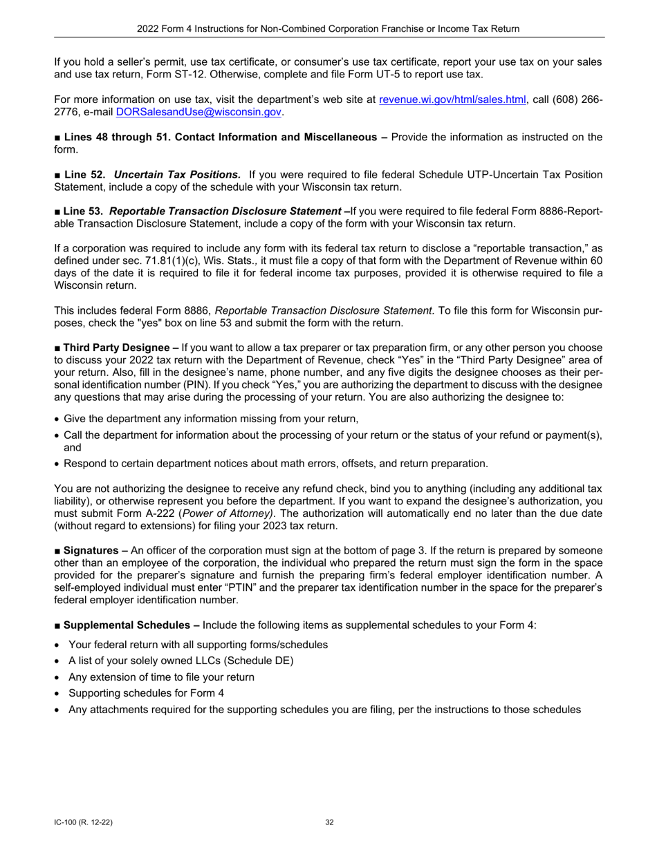 Instructions for Form 4, IC-040 Wisconsin Non-combined Corporation Franchise or Income Tax Return - Wisconsin, Page 32