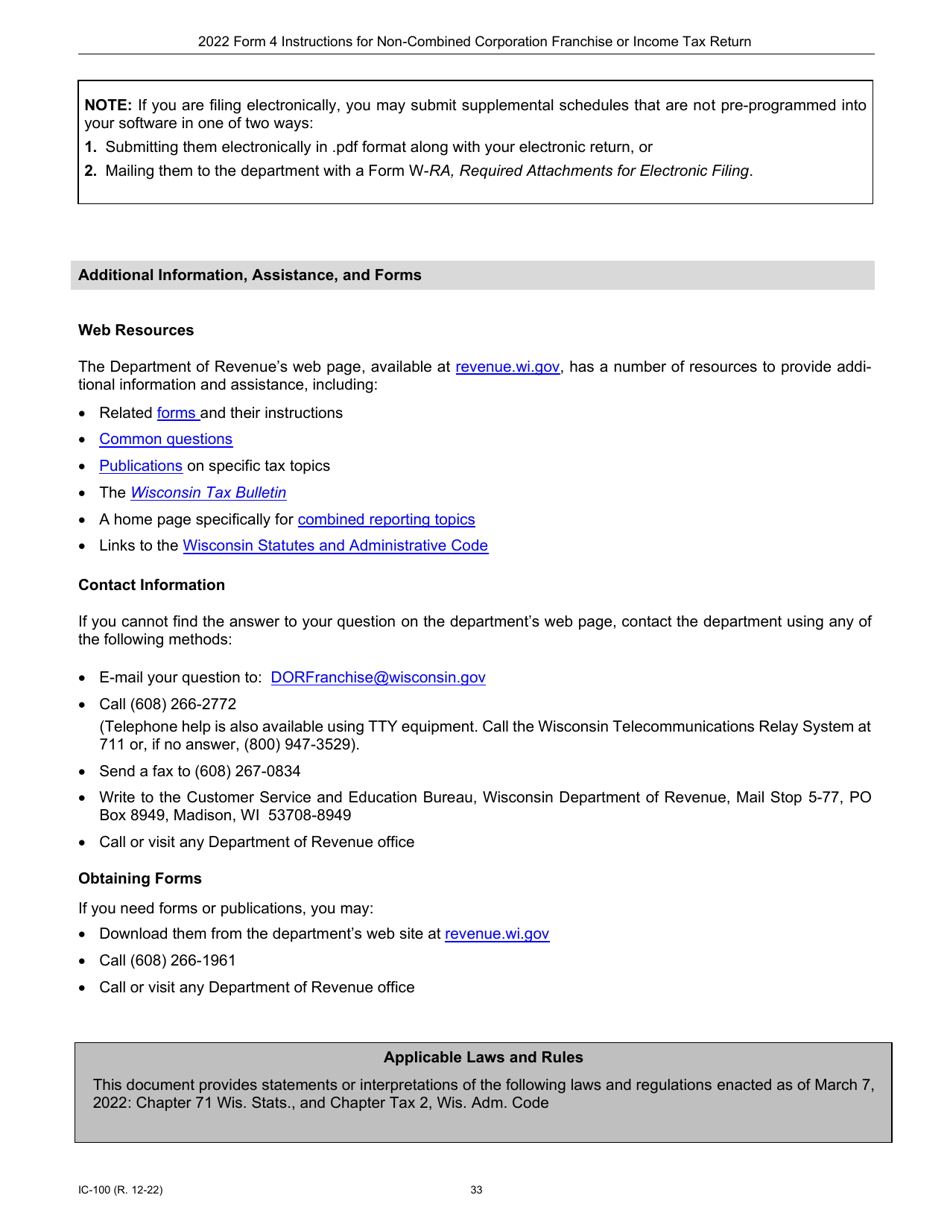 Instructions for Form 4, IC-040 Wisconsin Non-combined Corporation Franchise or Income Tax Return - Wisconsin, Page 33