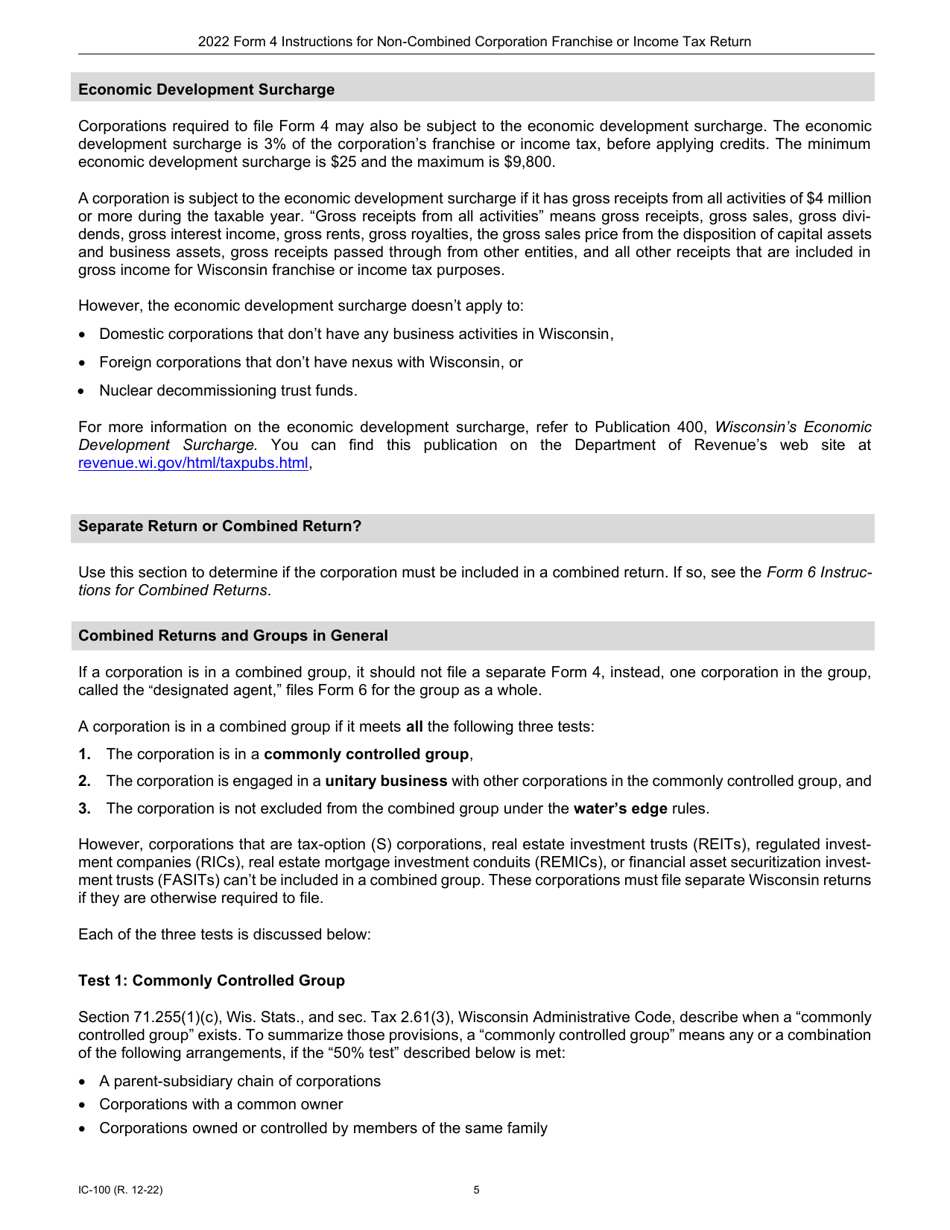 Instructions for Form 4, IC-040 Wisconsin Non-combined Corporation Franchise or Income Tax Return - Wisconsin, Page 5