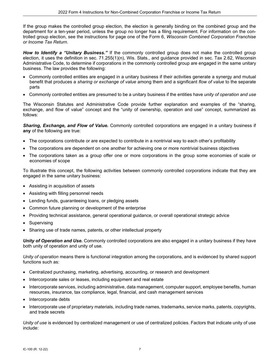 Instructions for Form 4, IC-040 Wisconsin Non-combined Corporation Franchise or Income Tax Return - Wisconsin, Page 7