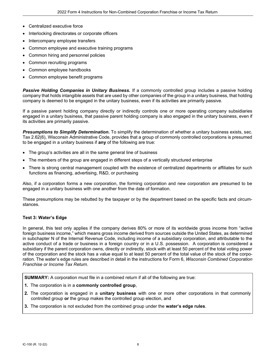Instructions for Form 4, IC-040 Wisconsin Non-combined Corporation Franchise or Income Tax Return - Wisconsin, Page 8