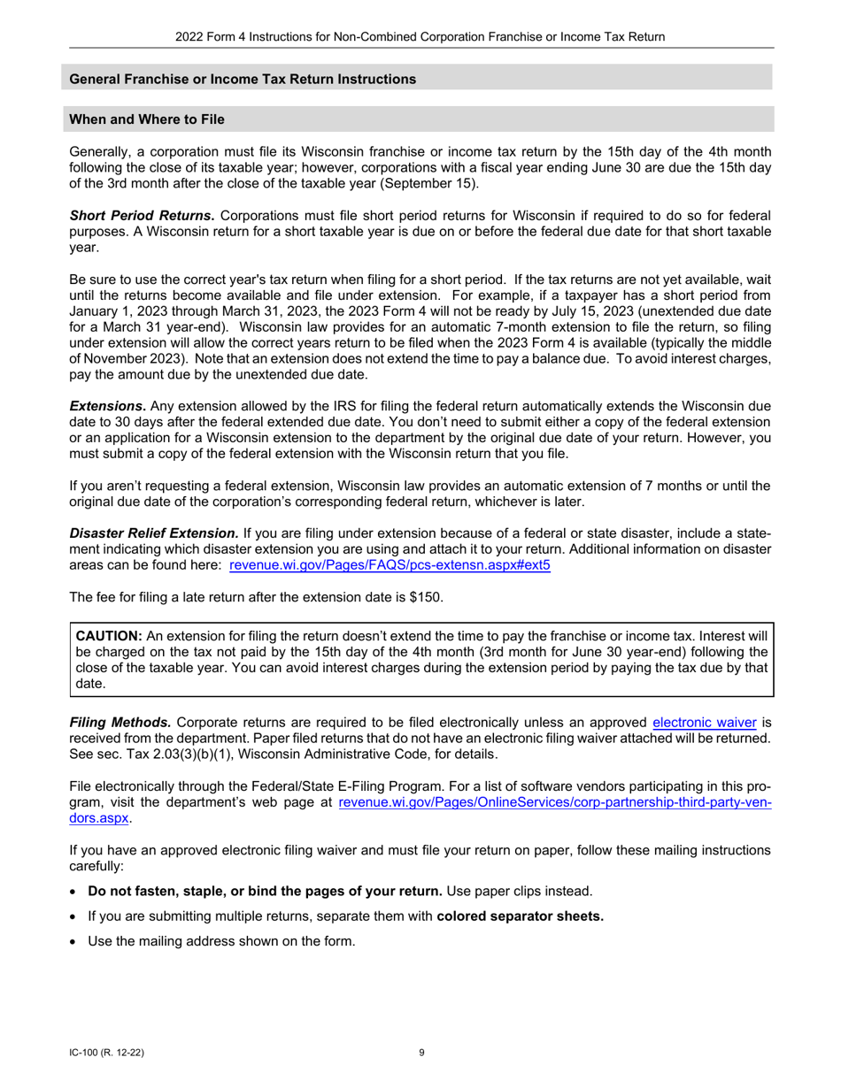 Instructions for Form 4, IC-040 Wisconsin Non-combined Corporation Franchise or Income Tax Return - Wisconsin, Page 9
