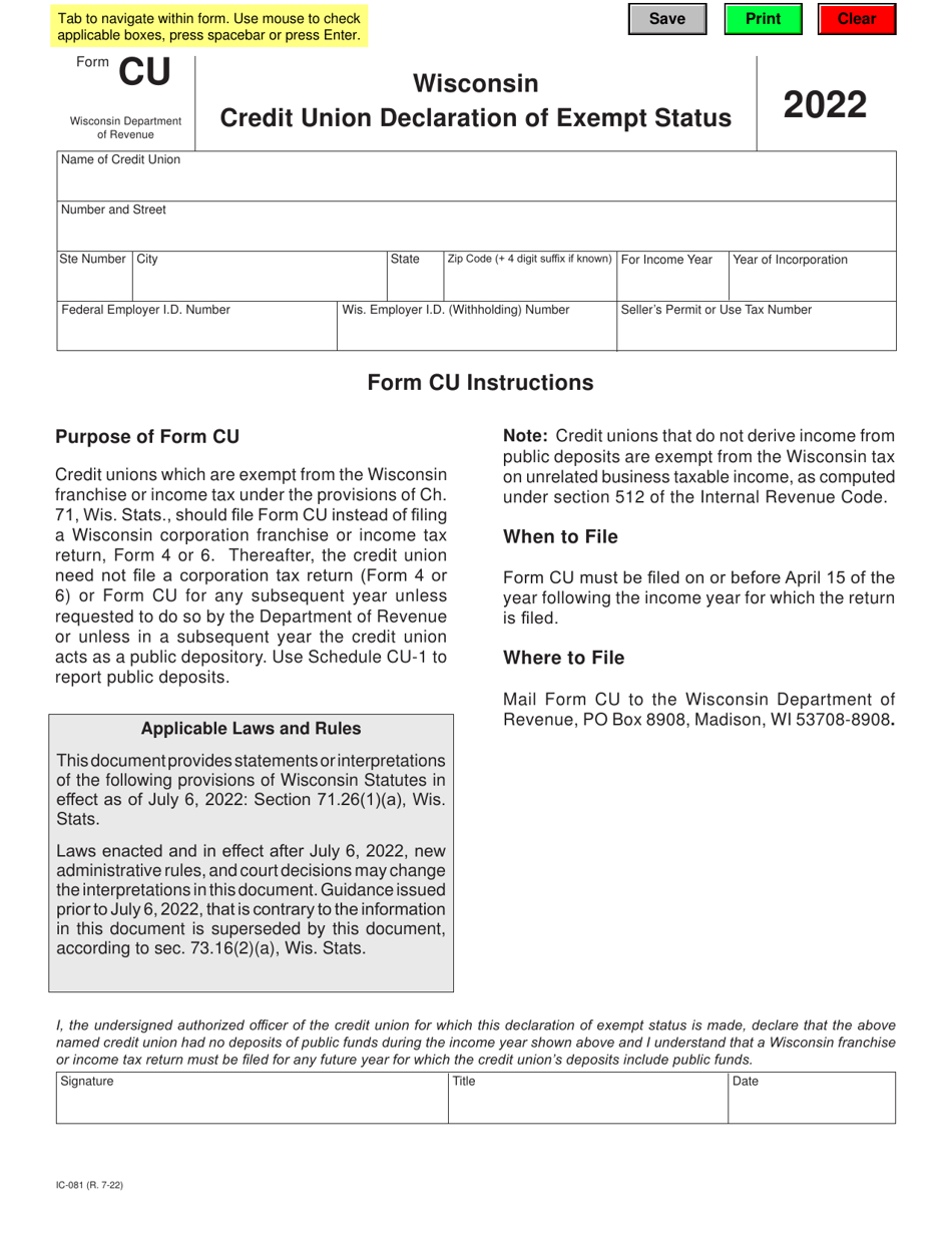 Form CU (IC-081) Wisconsin Credit Union Declaration of Exempt Status - Wisconsin, Page 1
