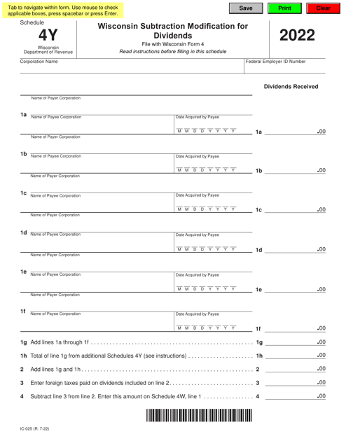 Form IC-025 Schedule 4Y 2022 Printable Pdf