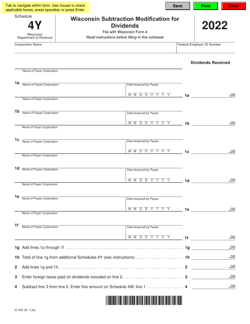 Form IC-025 Schedule 4Y Wisconsin Subtraction Modification for Dividends - Wisconsin, Page 1
