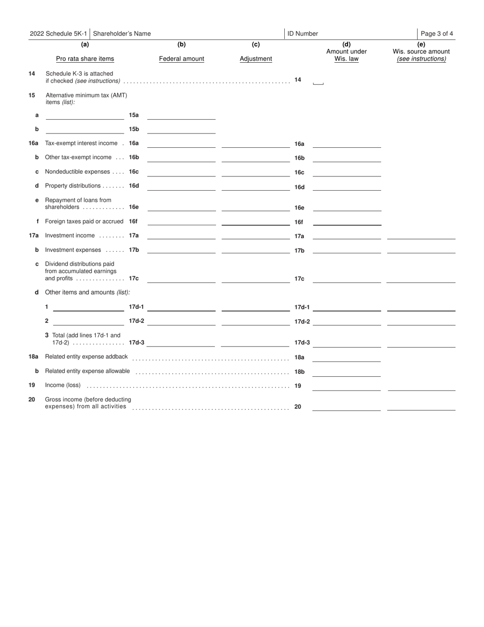 Form 5K-1 (IC-056) Tax-Option (S) Corporation Shareholders Share of Income, Deductions, Credits, Etc. - Wisconsin, Page 3