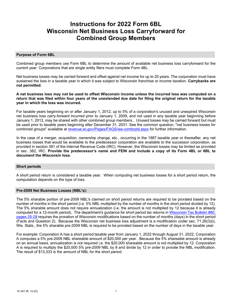 Instructions for Form 6BL, IC-247 Wisconsin Net Business Loss Carryforward for Combined Group Members - Wisconsin, Page 1