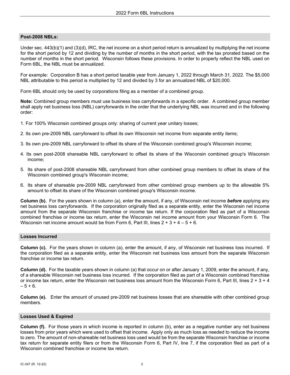 Instructions for Form 6BL, IC-247 Wisconsin Net Business Loss Carryforward for Combined Group Members - Wisconsin, Page 2