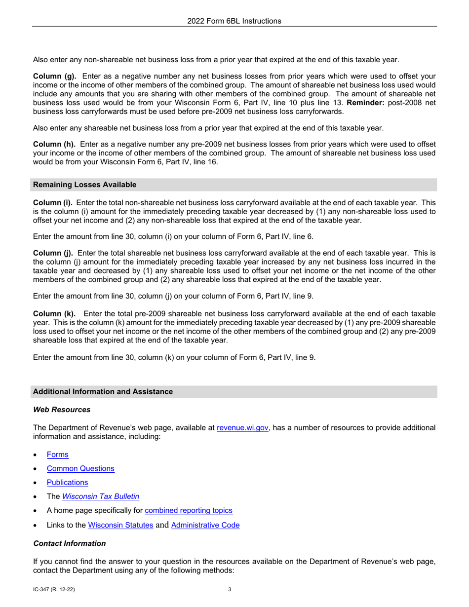 Instructions for Form 6BL, IC-247 Wisconsin Net Business Loss Carryforward for Combined Group Members - Wisconsin, Page 3