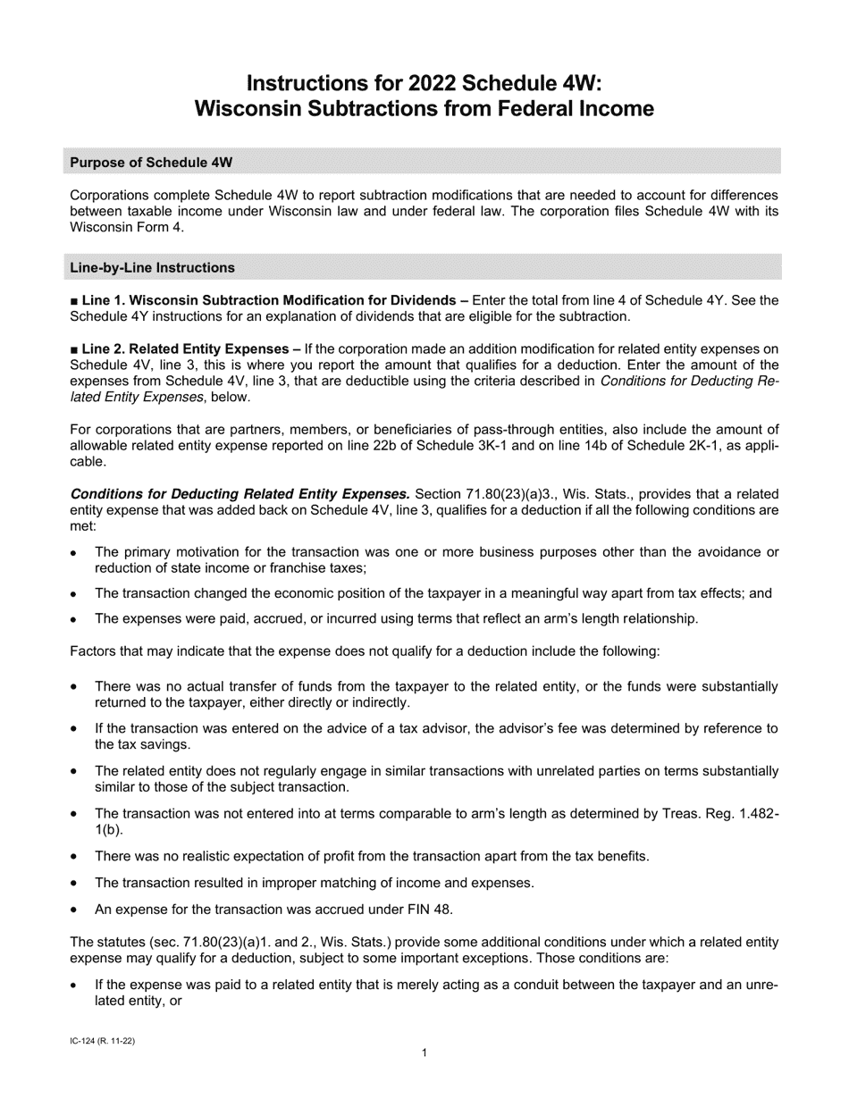 Instructions for Form IC-024 Schedule 4W Wisconsin Subtractions From Federal Income - Wisconsin, Page 1