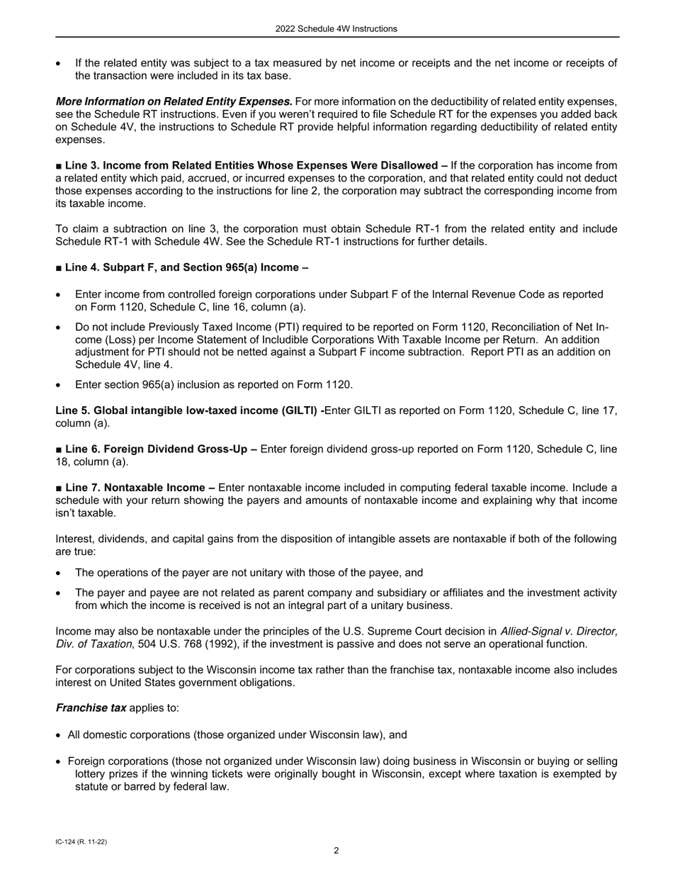 Instructions for Form IC-024 Schedule 4W Wisconsin Subtractions From Federal Income - Wisconsin, Page 2