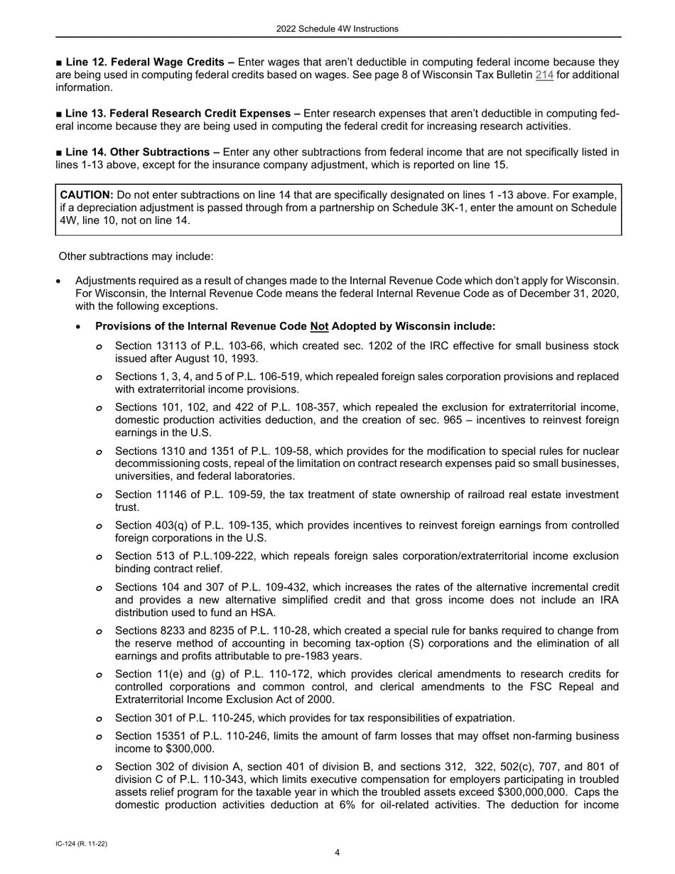 Instructions for Form IC-024 Schedule 4W Wisconsin Subtractions From Federal Income - Wisconsin, Page 4