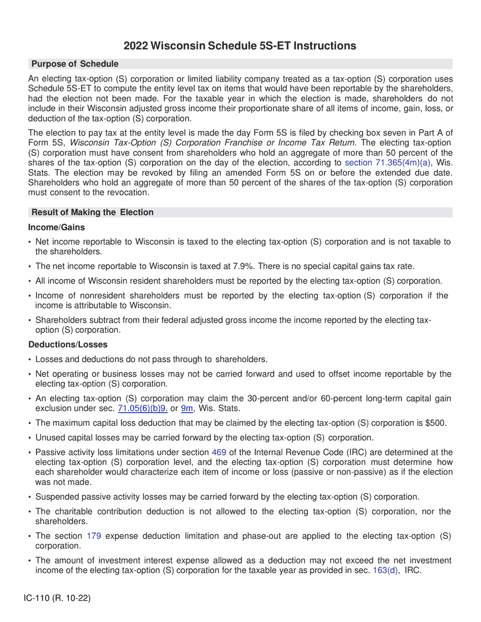 Instructions for Form IC-010 Schedule 5S-ET Entity-Level Tax Computation - Wisconsin, Page 1