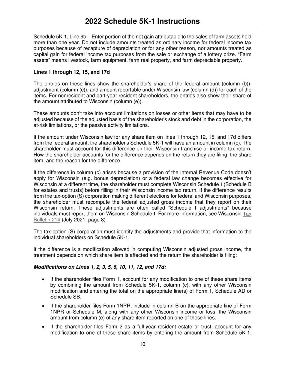 Instructions for Form IC-056 Schedule 5K-1 Tax-Option (S) Corporation Shareholders Share of Income, Deductions, Credits, Etc. - Wisconsin, Page 10