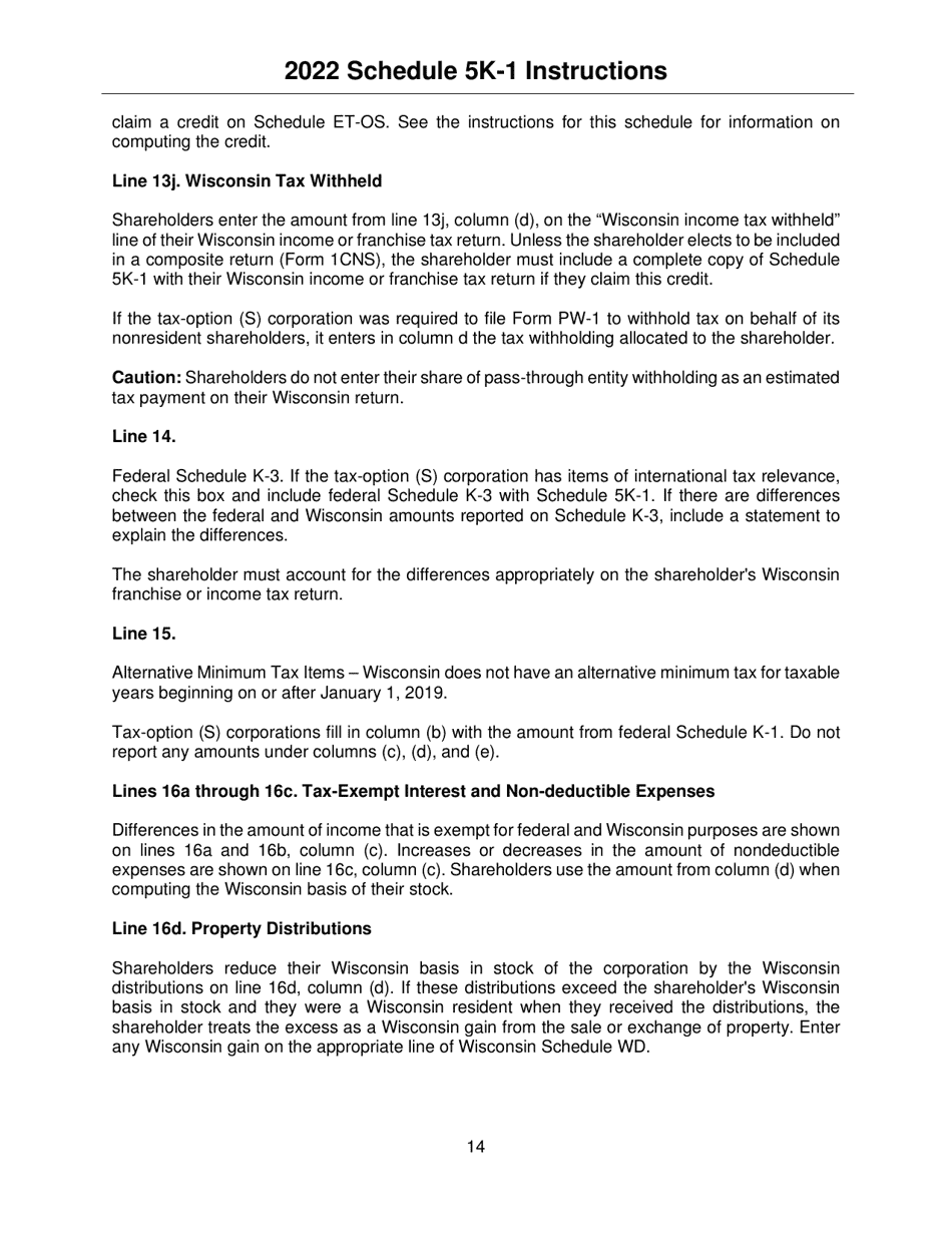 Instructions for Form IC-056 Schedule 5K-1 Tax-Option (S) Corporation Shareholders Share of Income, Deductions, Credits, Etc. - Wisconsin, Page 14