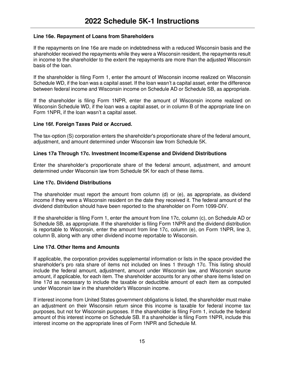 Instructions for Form IC-056 Schedule 5K-1 Tax-Option (S) Corporation Shareholders Share of Income, Deductions, Credits, Etc. - Wisconsin, Page 15