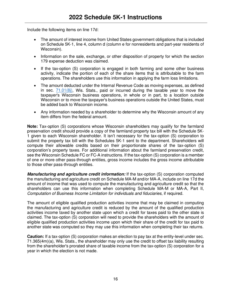 Instructions for Form IC-056 Schedule 5K-1 Tax-Option (S) Corporation Shareholders Share of Income, Deductions, Credits, Etc. - Wisconsin, Page 16