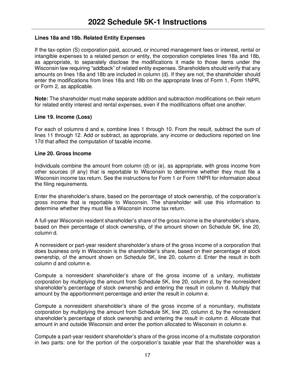 Instructions for Form IC-056 Schedule 5K-1 Tax-Option (S) Corporation Shareholders Share of Income, Deductions, Credits, Etc. - Wisconsin, Page 17
