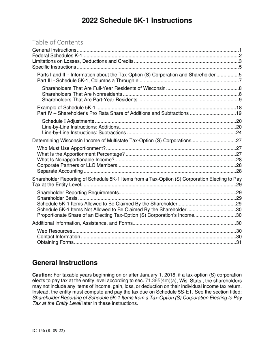 Instructions for Form IC-056 Schedule 5K-1 Tax-Option (S) Corporation Shareholders Share of Income, Deductions, Credits, Etc. - Wisconsin, Page 1