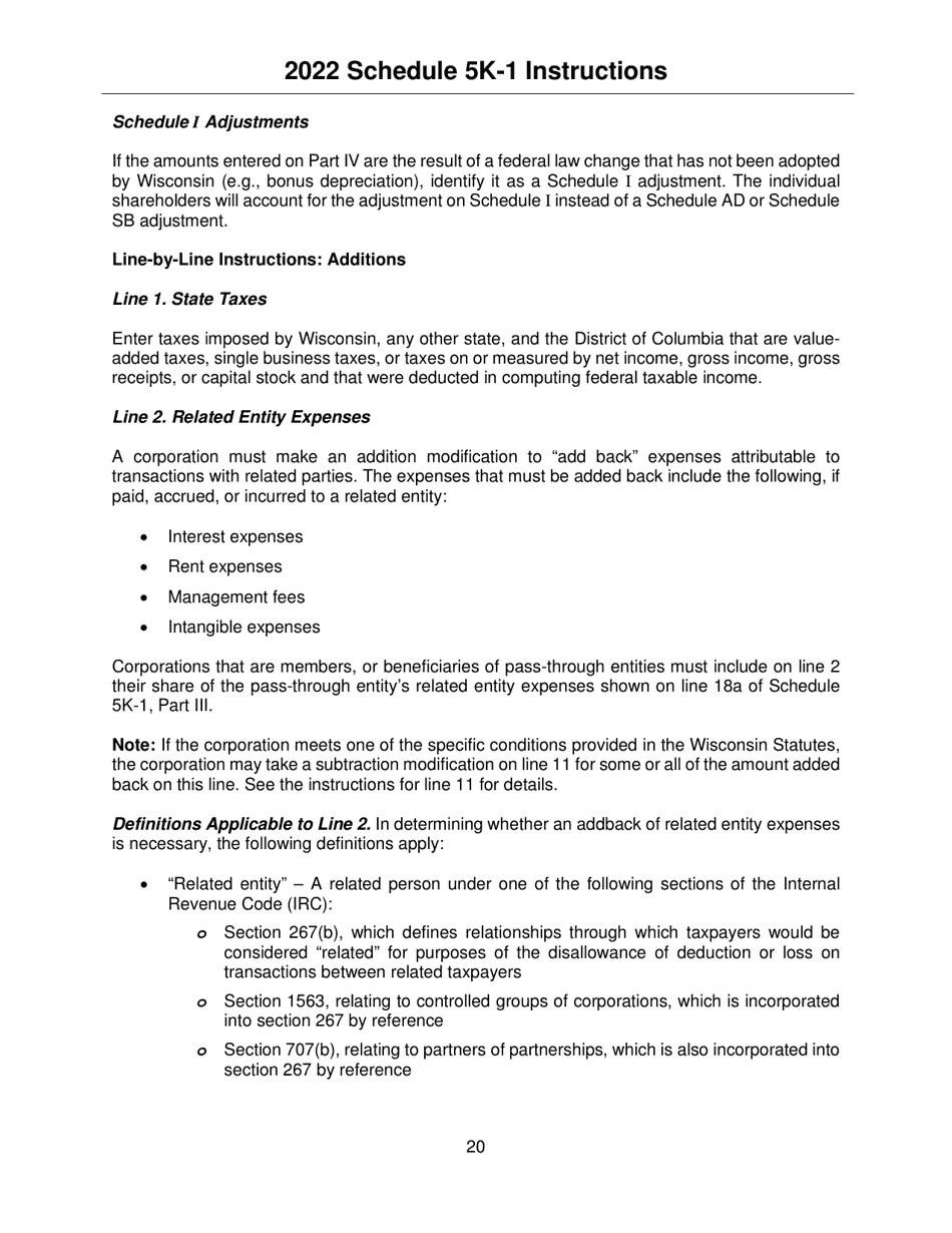 Instructions for Form IC-056 Schedule 5K-1 Tax-Option (S) Corporation Shareholders Share of Income, Deductions, Credits, Etc. - Wisconsin, Page 20