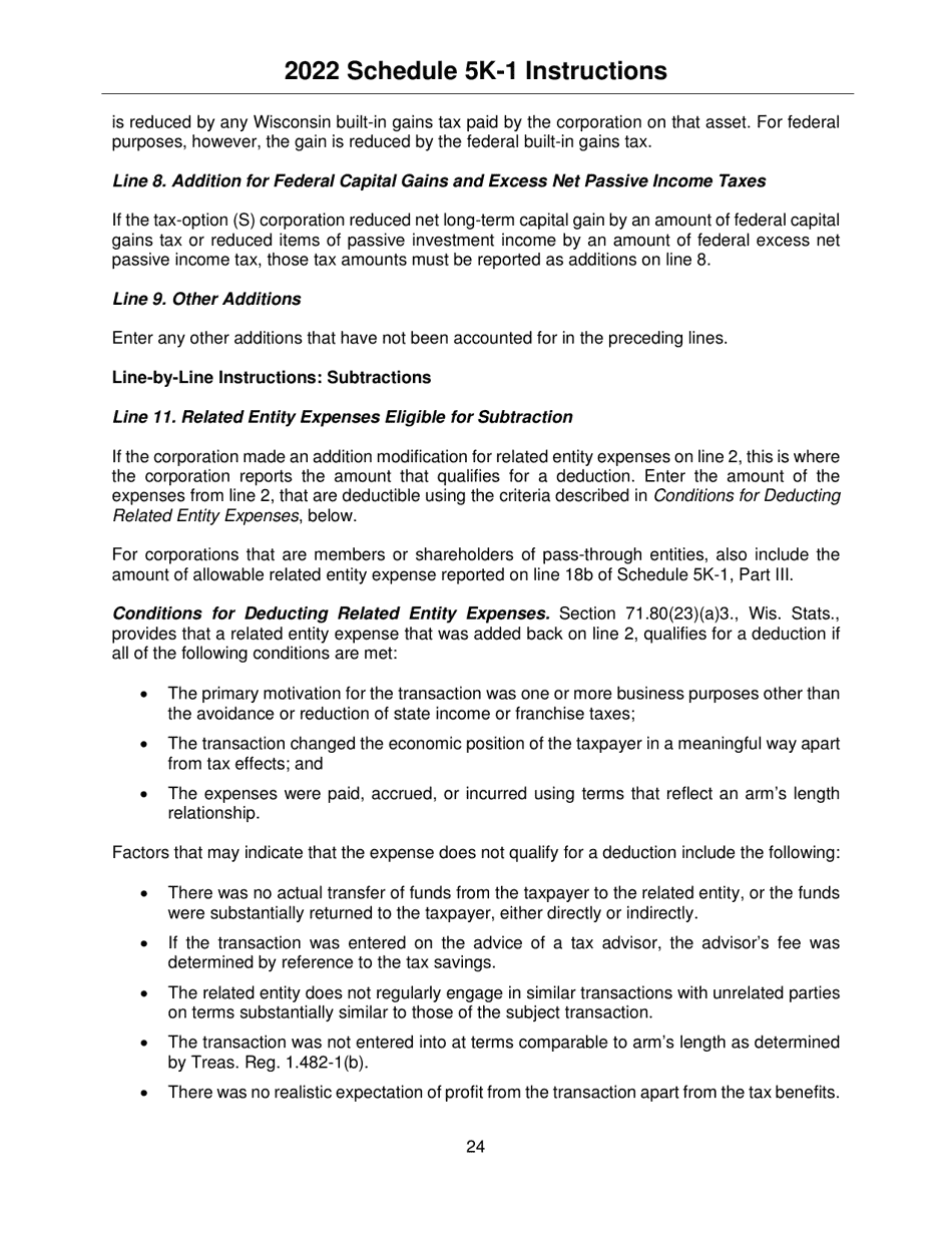 Instructions for Form IC-056 Schedule 5K-1 Tax-Option (S) Corporation Shareholders Share of Income, Deductions, Credits, Etc. - Wisconsin, Page 24