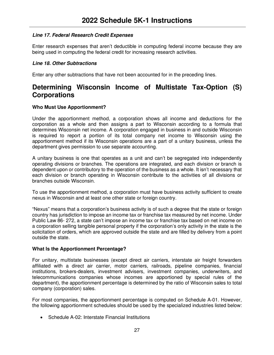 Instructions for Form IC-056 Schedule 5K-1 Tax-Option (S) Corporation Shareholders Share of Income, Deductions, Credits, Etc. - Wisconsin, Page 27