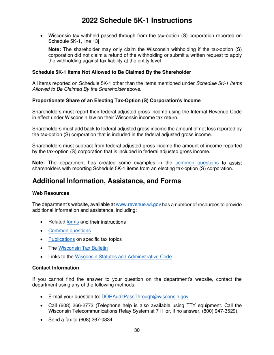 Instructions for Form IC-056 Schedule 5K-1 Tax-Option (S) Corporation Shareholders Share of Income, Deductions, Credits, Etc. - Wisconsin, Page 30