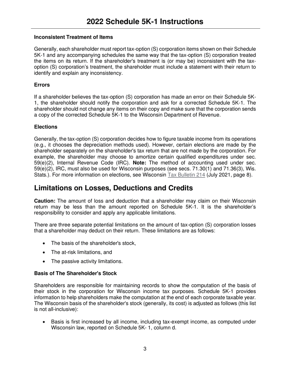 Instructions for Form IC-056 Schedule 5K-1 Tax-Option (S) Corporation Shareholders Share of Income, Deductions, Credits, Etc. - Wisconsin, Page 3