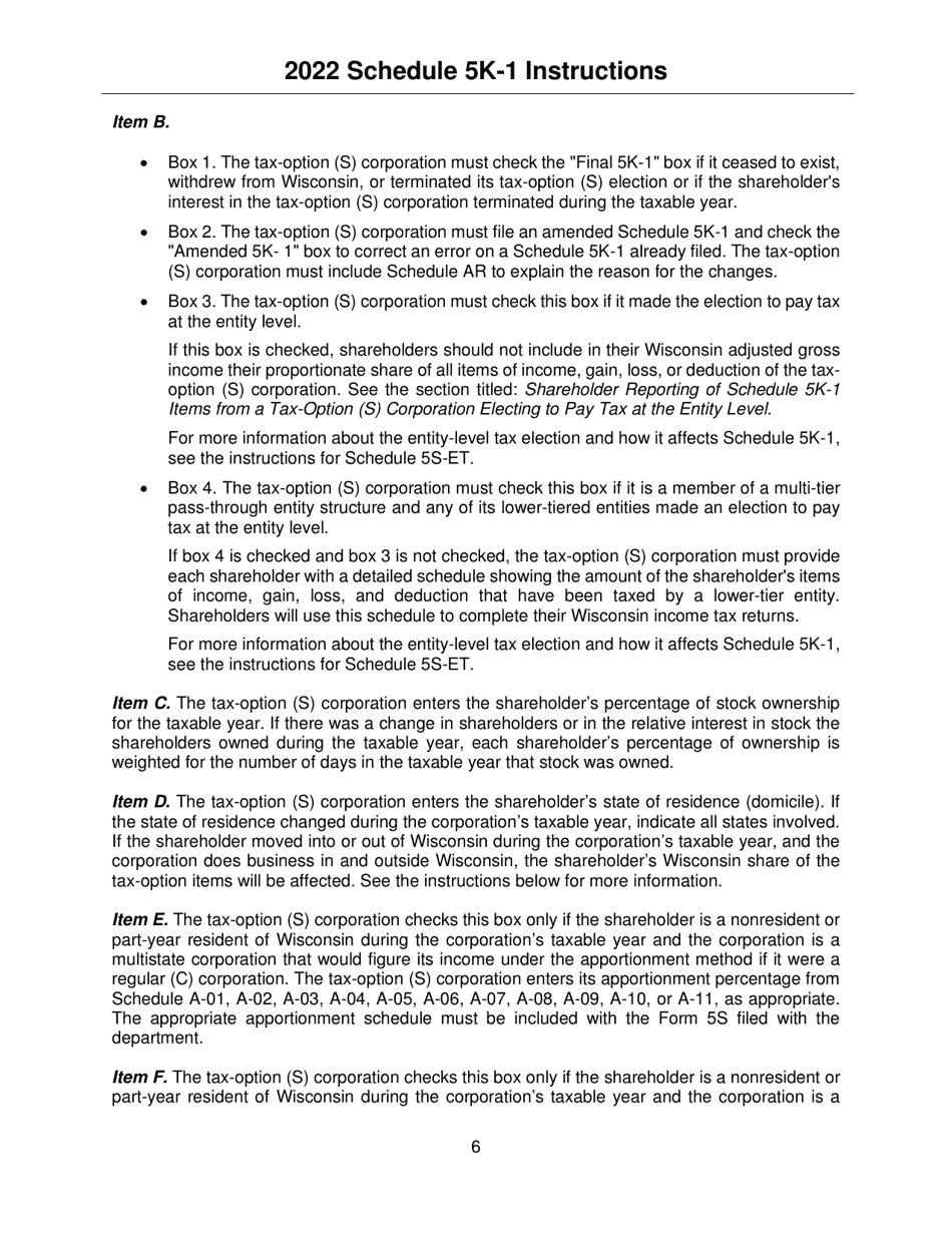 Instructions for Form IC-056 Schedule 5K-1 Tax-Option (S) Corporation Shareholders Share of Income, Deductions, Credits, Etc. - Wisconsin, Page 6