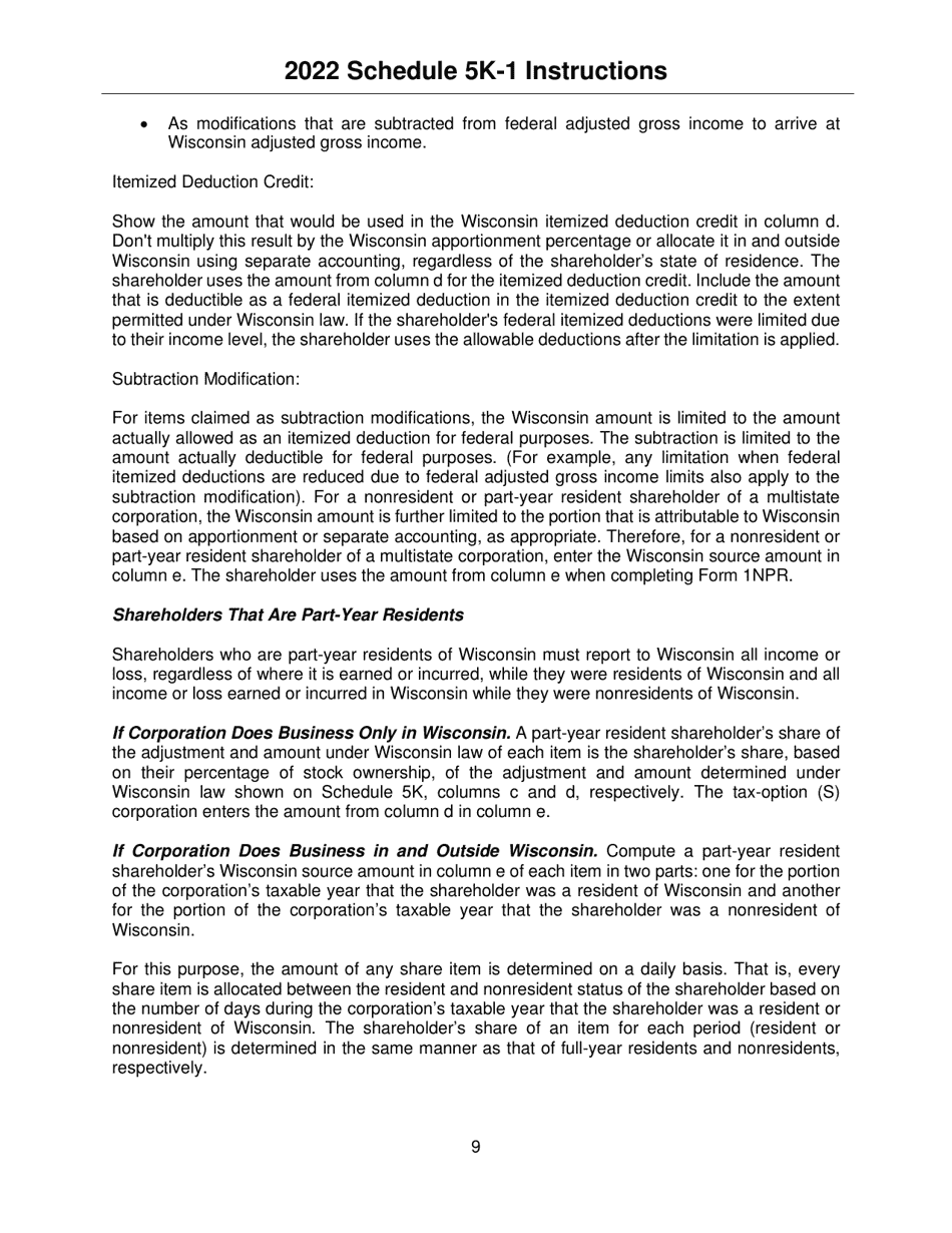 Instructions for Form IC-056 Schedule 5K-1 Tax-Option (S) Corporation Shareholders Share of Income, Deductions, Credits, Etc. - Wisconsin, Page 9