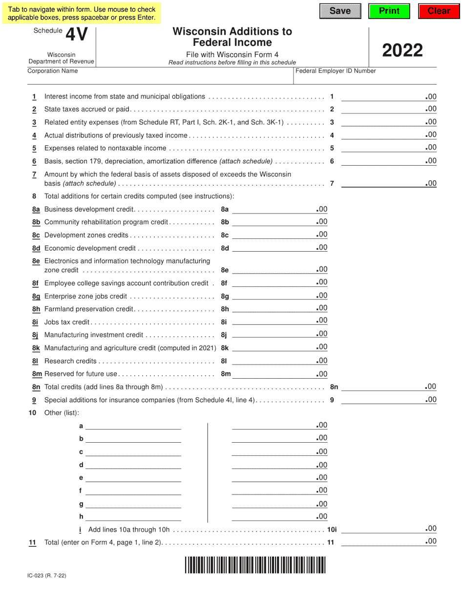 Form IC-023 Schedule 4V Wisconsin Additions to Federal Income - Wisconsin, Page 1