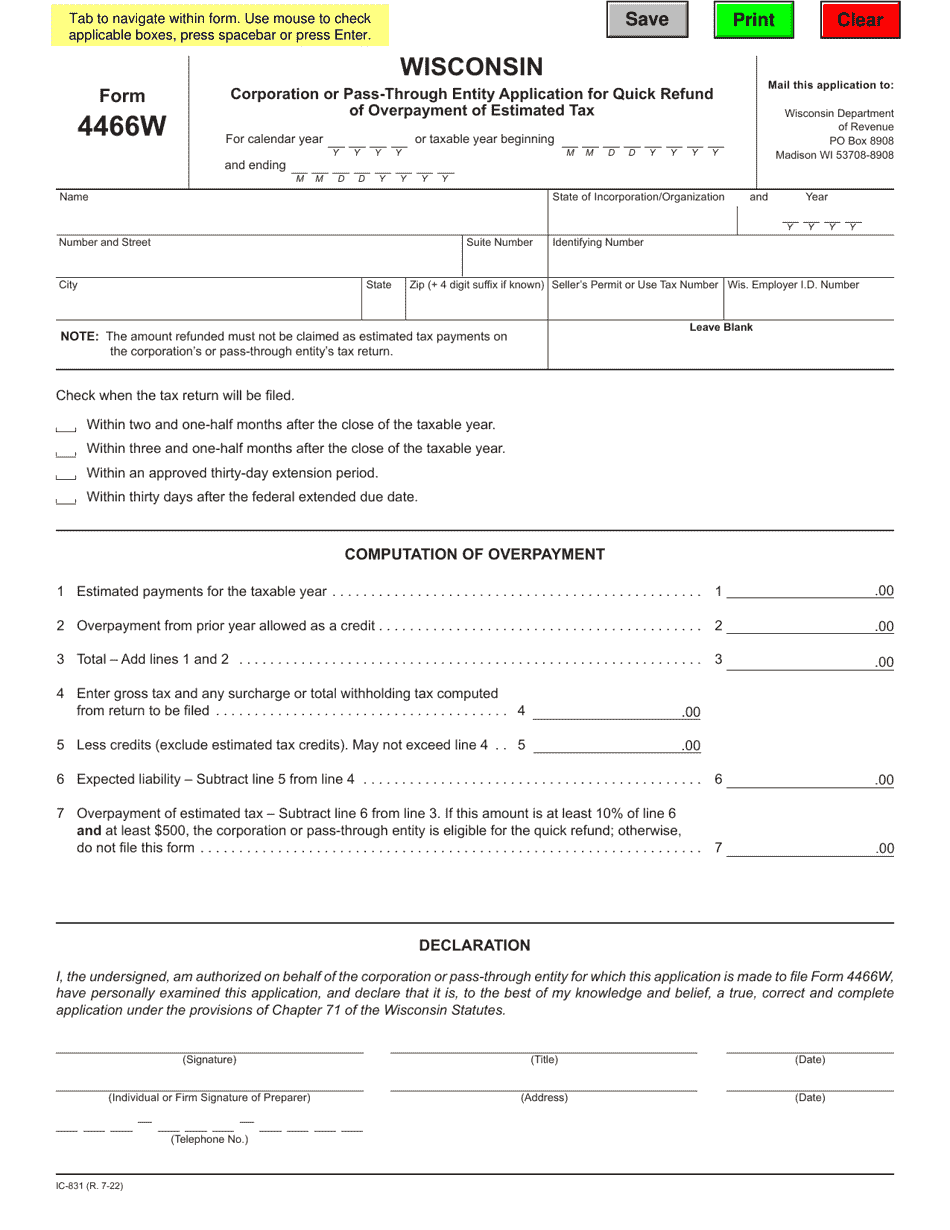 Form 4466W (IC-831) Wisconsin Corporation or Pass-Through Entity Application for Quick Refund of Overpayment of Estimated Tax - Wisconsin, Page 1