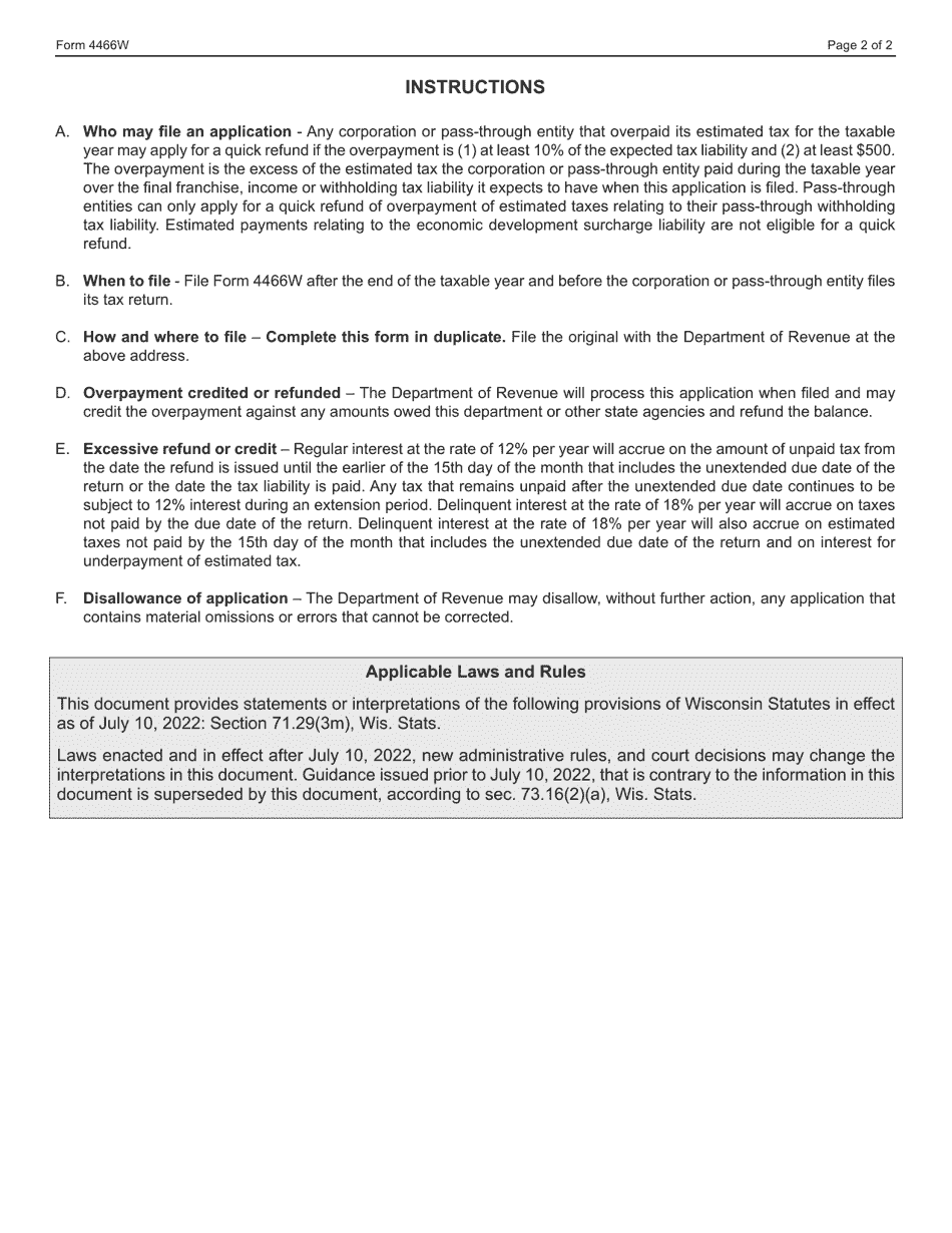 Form 4466W (IC-831) Wisconsin Corporation or Pass-Through Entity Application for Quick Refund of Overpayment of Estimated Tax - Wisconsin, Page 2