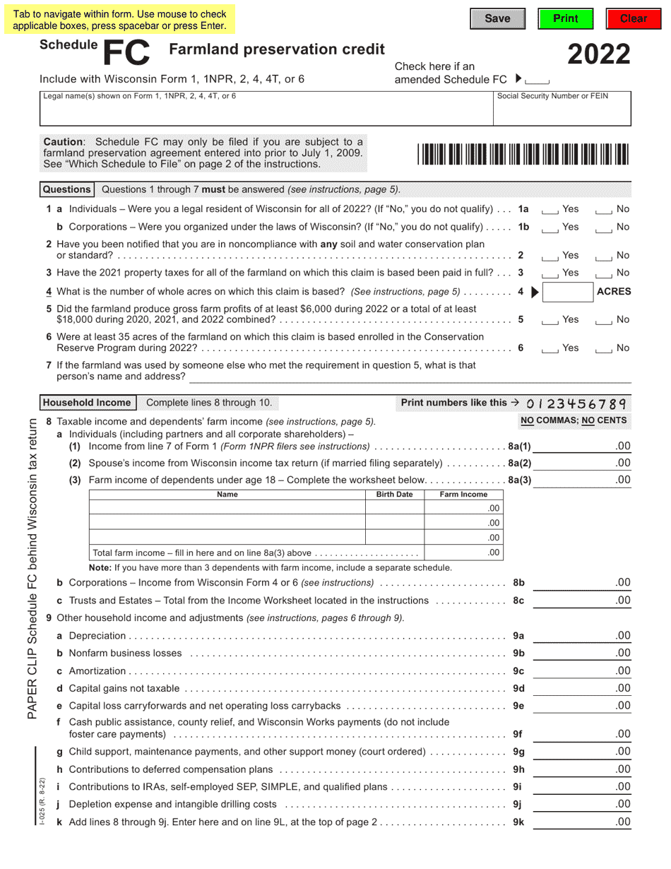 Form I-025 Schedule FC Farmland Preservation Credit - Wisconsin, Page 1