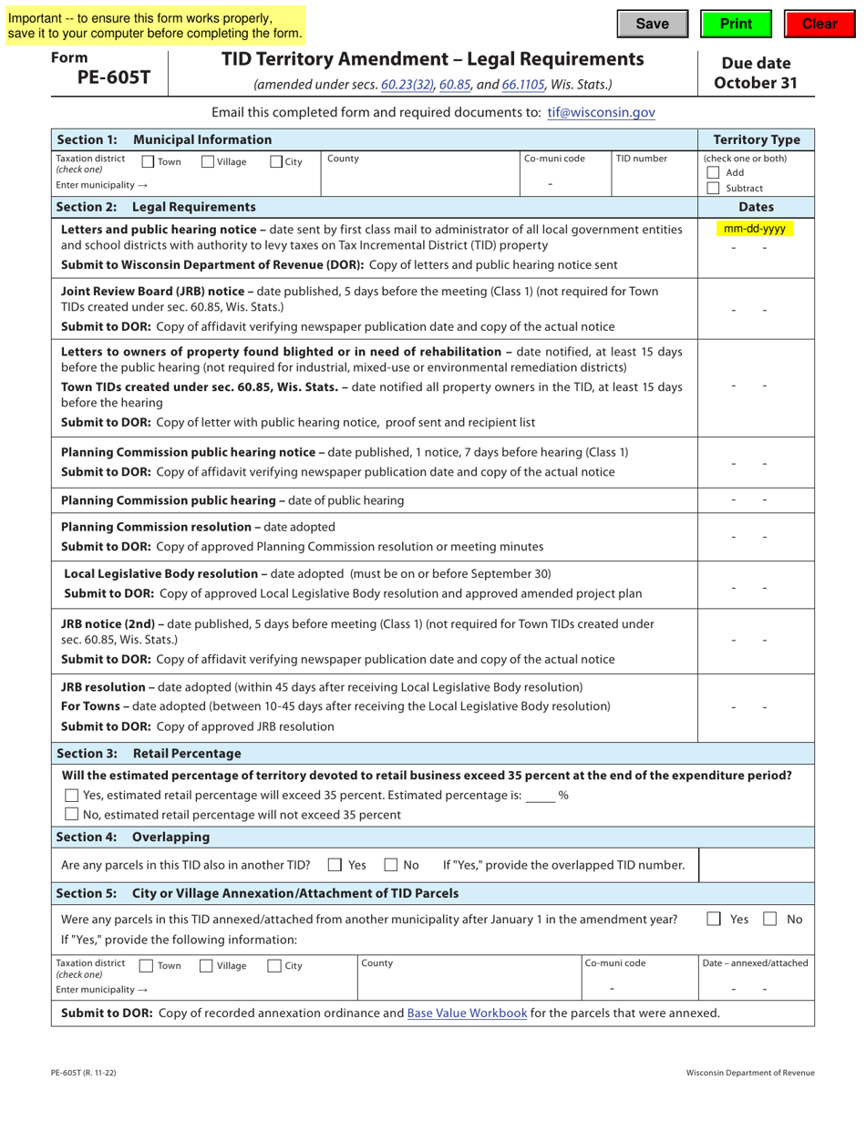 Form PE605T Download Fillable PDF or Fill Online Tid Territory