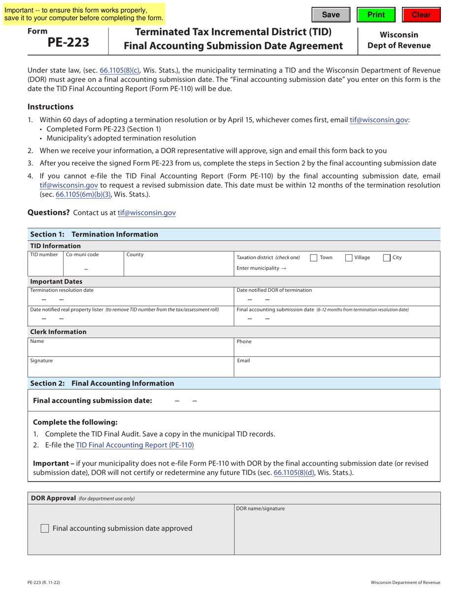 Form PE-223 Terminated Tid Final Accounting Submission Date Agreement - Wisconsin, Page 1