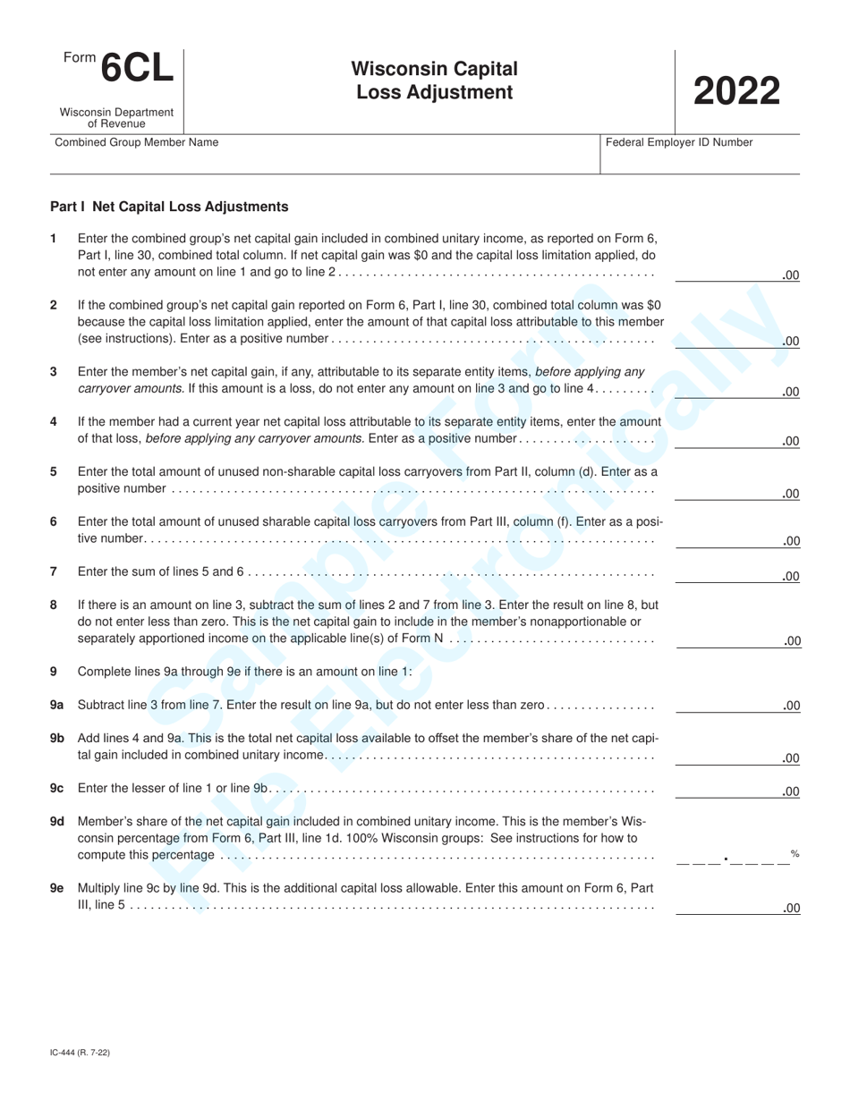 Form 6CL (IC-444) Wisconsin Capital Loss Adjustment - Sample - Wisconsin, Page 1