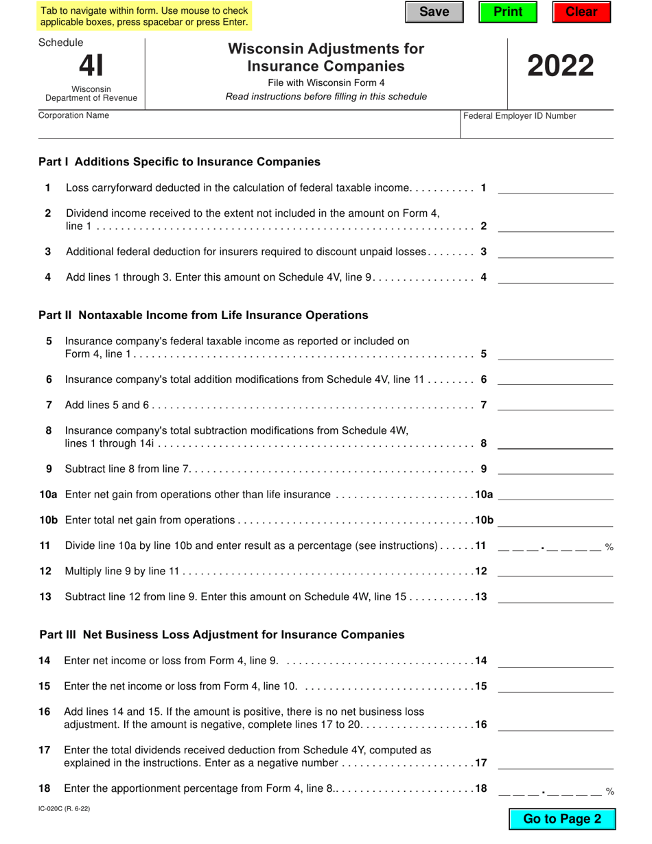 Form IC-020C Schedule 4I Wisconsin Adjustments for Insurance Companies - Wisconsin, Page 1