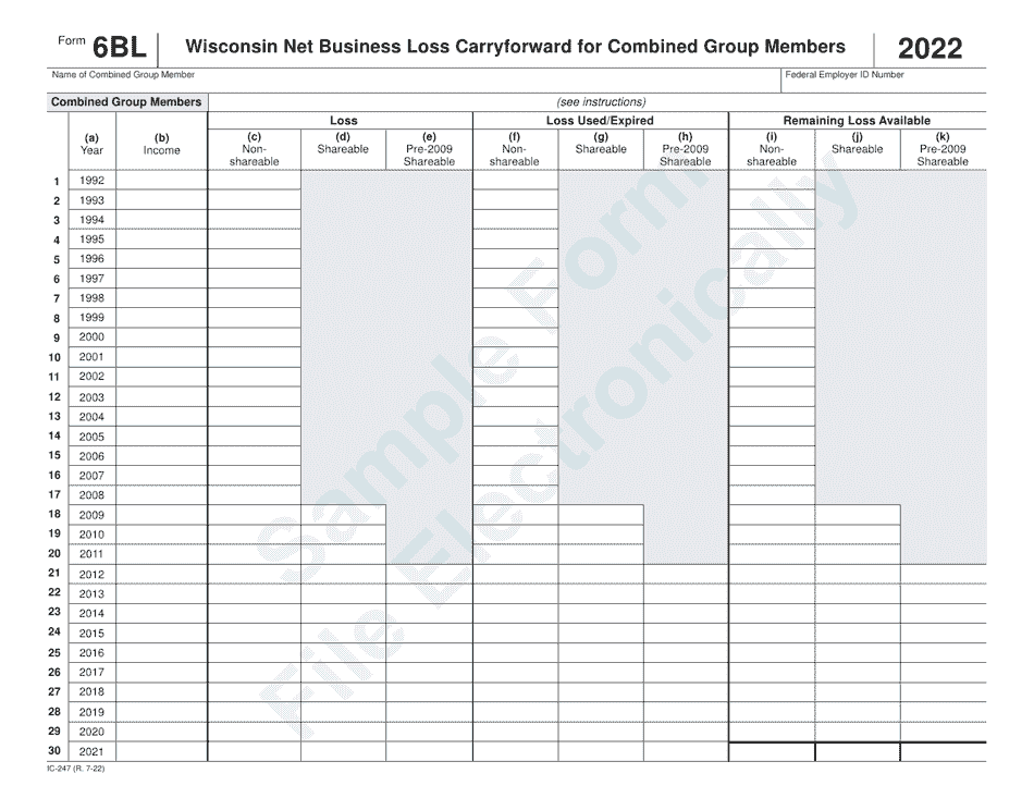 Form 6BL (IC-247) Wisconsin Net Business Loss Carryforward for Combined Group Members - Sample - Wisconsin, Page 1