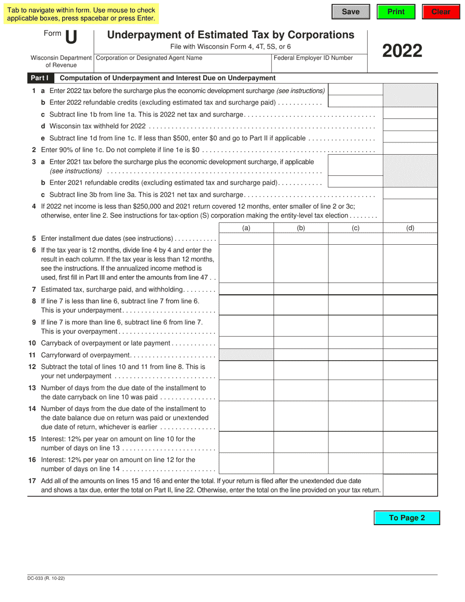 Form U (DC-033) Underpayment of Estimated Tax by Corporations - Wisconsin, Page 1