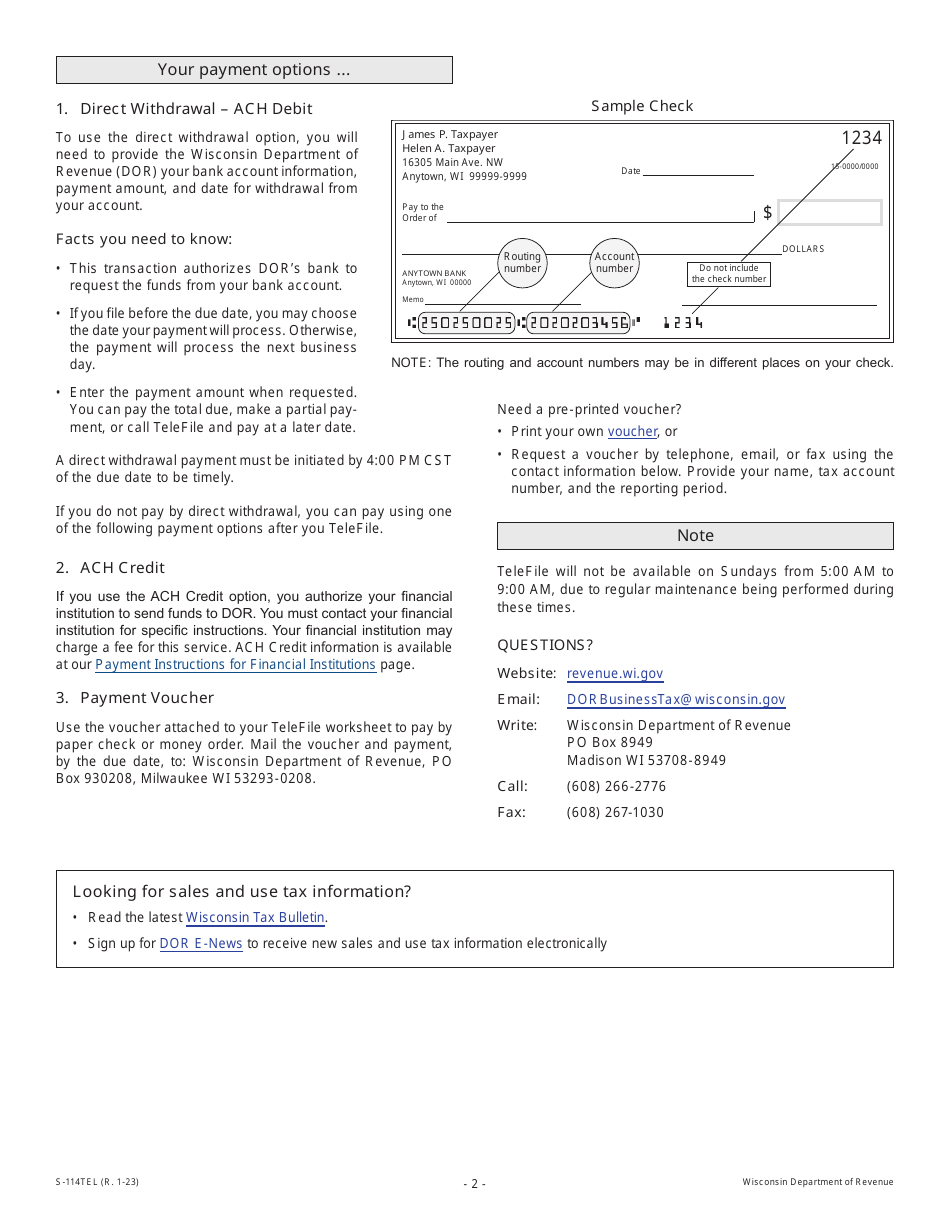 Form S-114 TELEFILE Instructions for Wisconsin Telefile - Sales and Use Tax Return - Wisconsin, Page 2