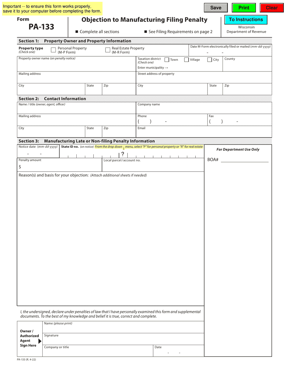Form PA-133 Objection to Manufacturing Filing Penalty - Wisconsin, Page 1