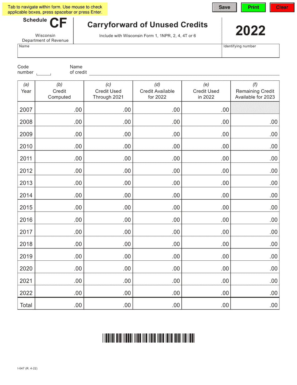 Form I-047 Schedule CF Carryforward of Unused Credits - Wisconsin, Page 1
