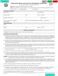 Document preview: Form S-211 Wisconsin Sales and Use Tax Exemption Certificate - Wisconsin