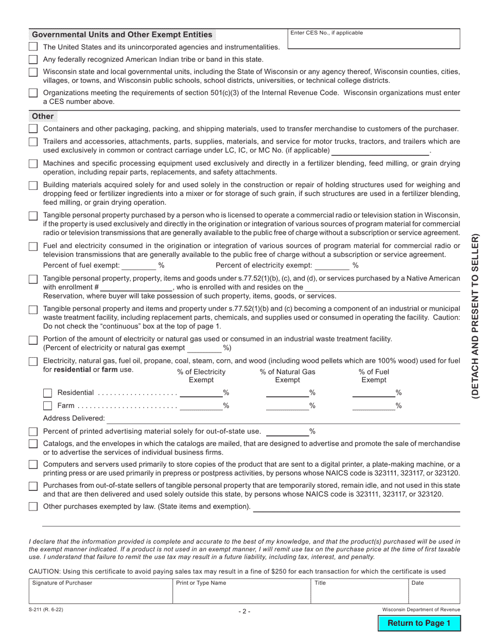 Form S 211 Download Fillable Pdf Or Fill Online Wisconsin Sales And Use Tax Exemption