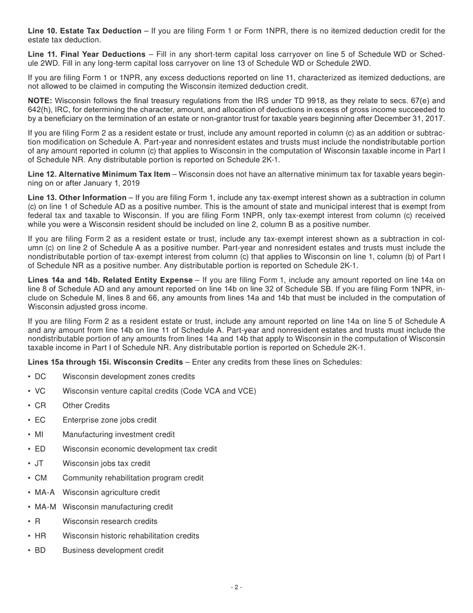 Instructions for Form I-021 Schedule 2K-1 Beneficiarys Share of Income, Deductions, Etc. - Wisconsin, Page 2