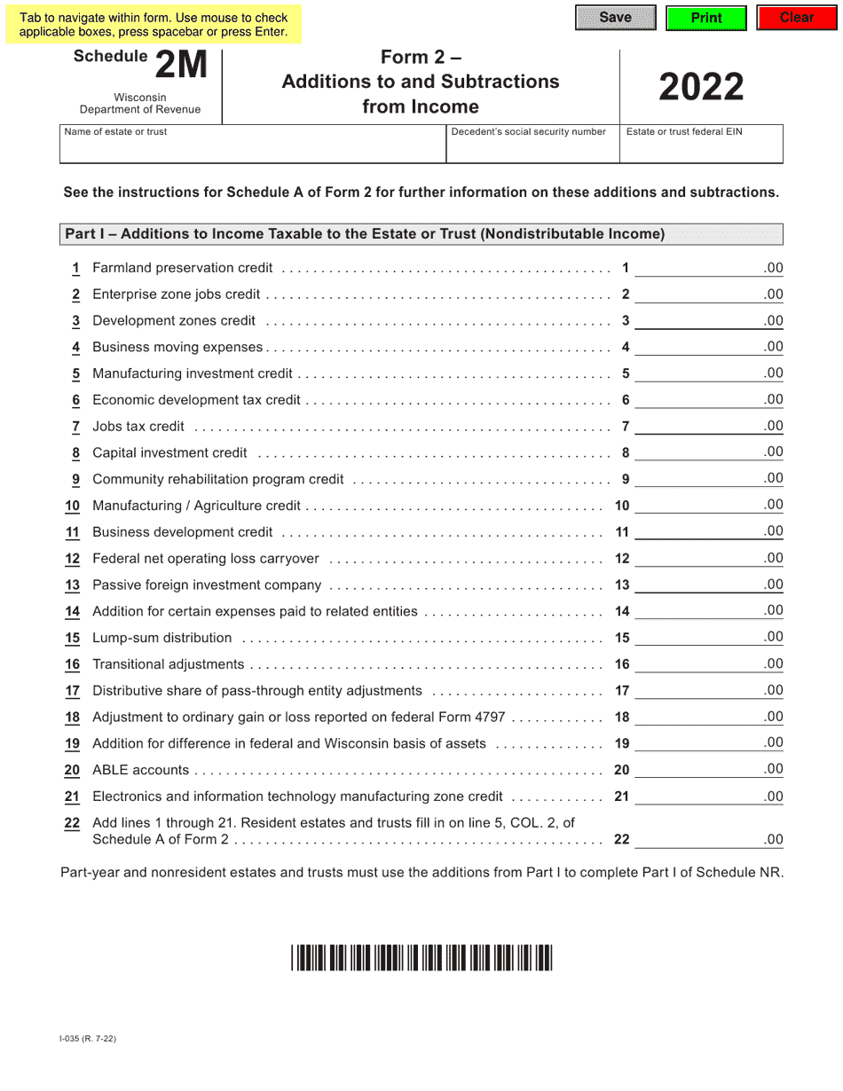 Form 2 (I-035) Schedule 2M Additions to and Subtractions From Income - Wisconsin, Page 1